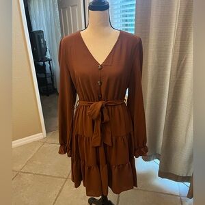 Brown ruffle long sleeve dress
